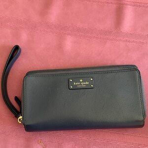 kate spade Gray blue leather zip-around wristlet wallet with gold logo